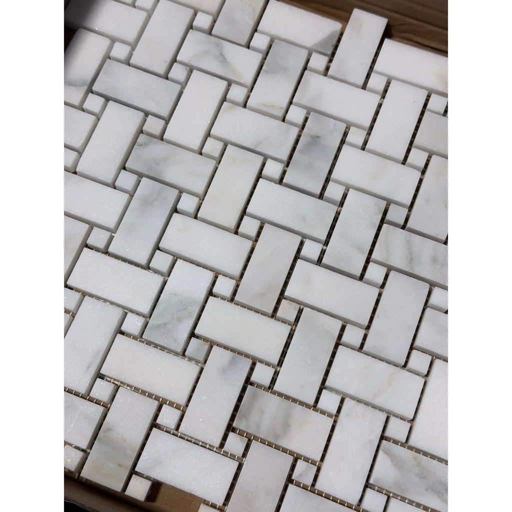 Calacatta Verde Royale marble basketweave mosaic tiles in polished finish