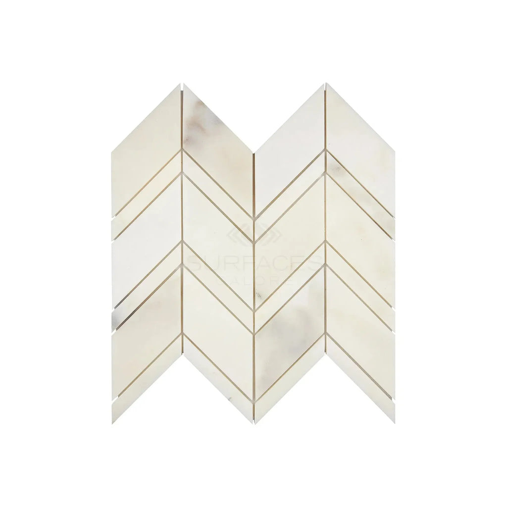 Calacatta Oliva Marble Chevron Mosaic Tile in polished and honed finishes