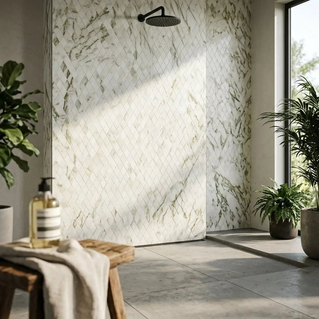 Calacatta verde royale marble diamond rhomboid mosaic tile polished or honed in white and green marble herringbone pattern