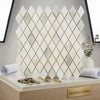 White marble mosaic tile panel with a polished calacatta verde royale marble diamond rhomboid pattern