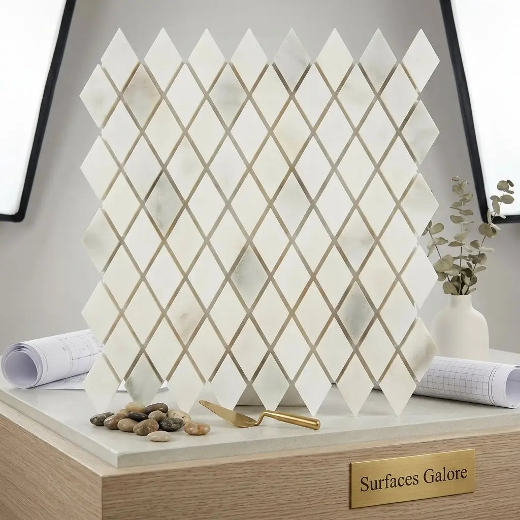 White marble mosaic tile panel with a polished calacatta verde royale marble diamond rhomboid pattern