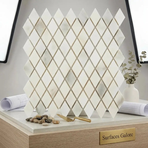 White marble mosaic tile panel with a polished calacatta verde royale marble diamond rhomboid pattern