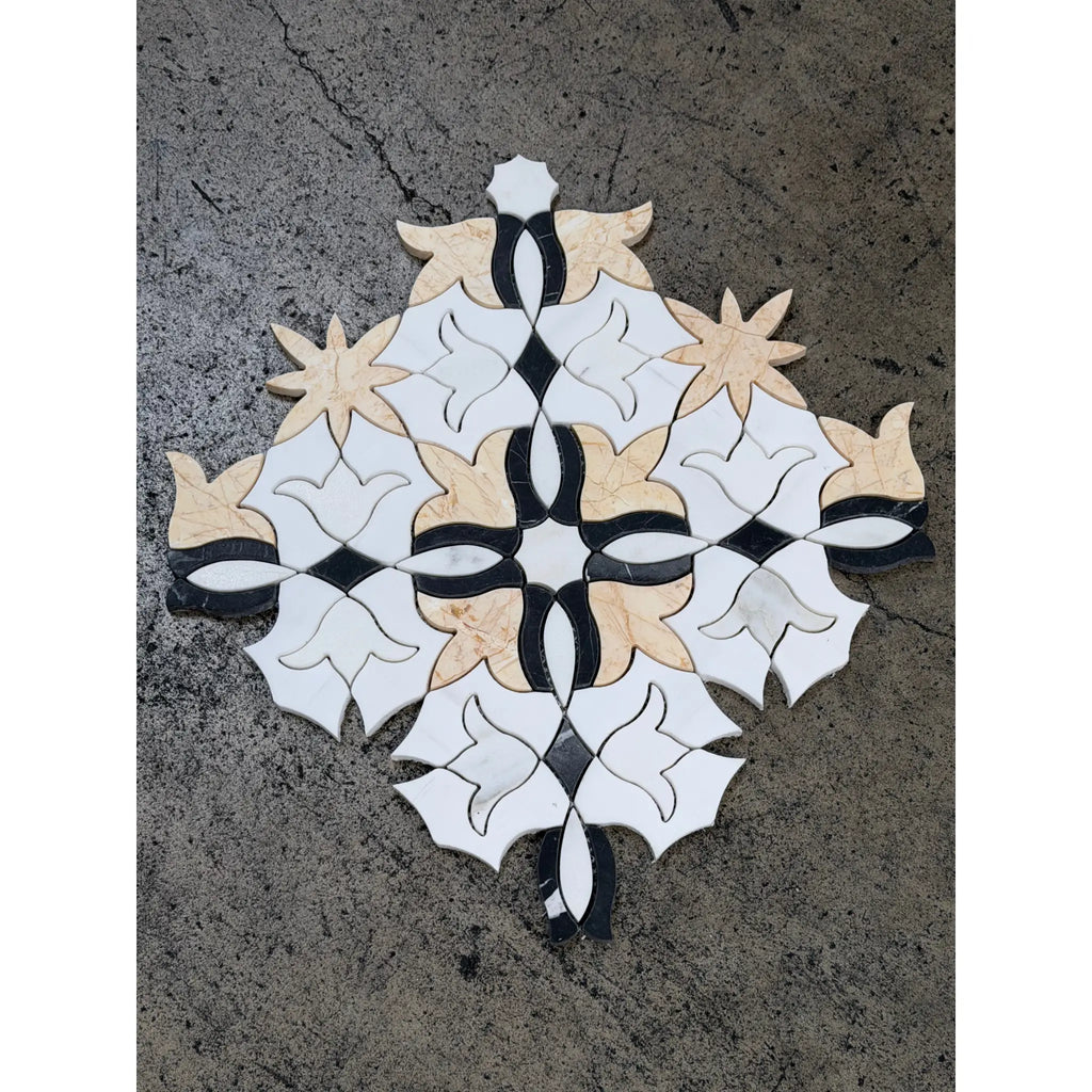 Calacatta verde royale marble floral mosaic tile with intricate white black and beige marble starburst pattern