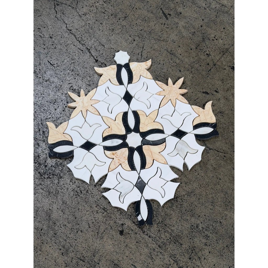 Calacatta Verde Royale marble floral mosaic tile with intricate white black and beige geometric pattern