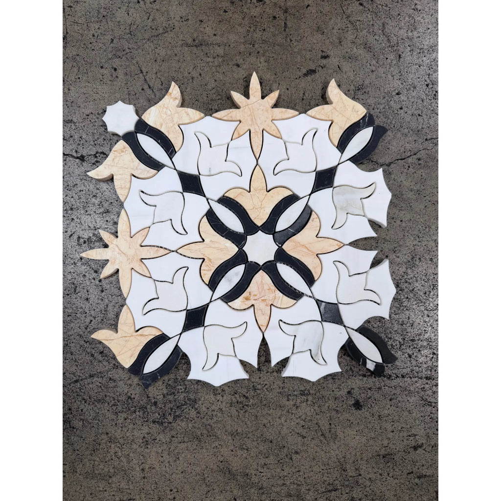Calacatta Verde Royale marble floral mosaic tile with intricate white black and beige marble pieces in symmetrical design