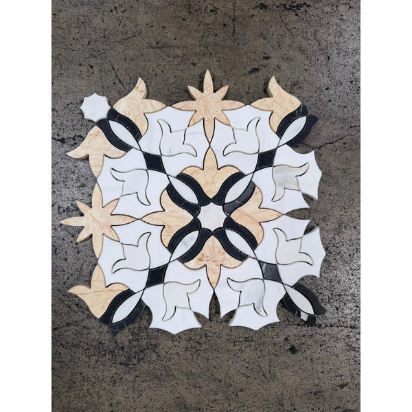 Calacatta Verde Royale marble floral mosaic tile with symmetrical white black and beige marble pieces in intricate pattern