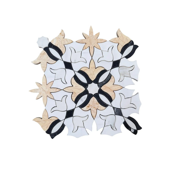 Calacatta Verde Royale marble floral mosaic tile featuring intricate white black and beige marble starburst pattern