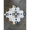 Calacatta Verde Royale marble floral mosaic tile with symmetrical white black and beige marble pieces in intricate design