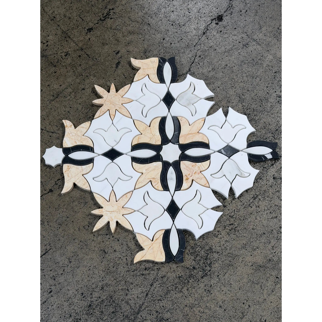 Calacatta Verde Royale marble floral mosaic tile with symmetrical white black and beige marble pieces in intricate design