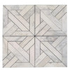 Calacatta Verde Royale marble mosaic tile with polished-honed finish featuring white geometric star pattern and black grout lines