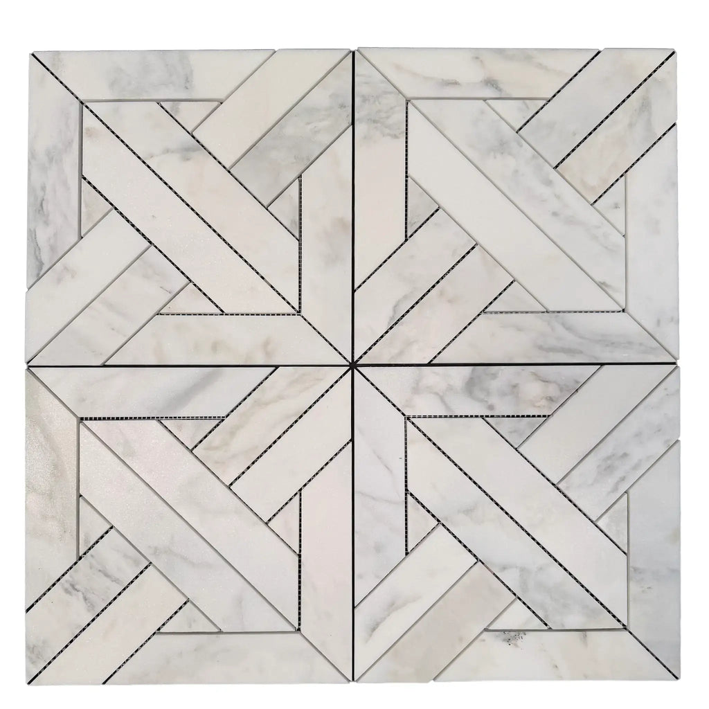 Calacatta Verde Royale marble mosaic tile with polished-honed finish featuring white geometric star pattern and black grout lines