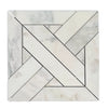 Calacatta Verde Royale marble mosaic tile with polished-honed finish featuring white geometric herringbone pattern and gray veining