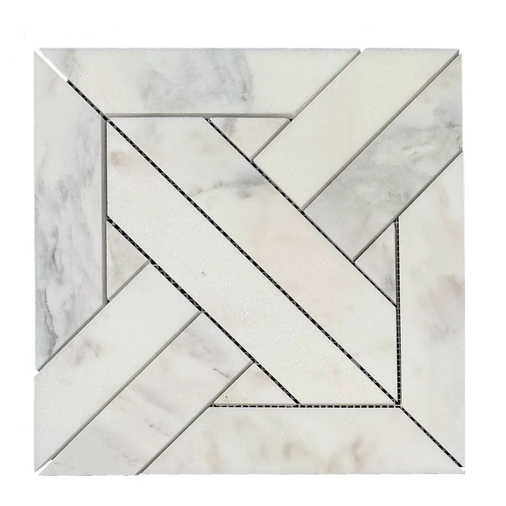 Calacatta Verde Royale marble mosaic tile with polished-honed finish featuring white geometric herringbone pattern and gray veining
