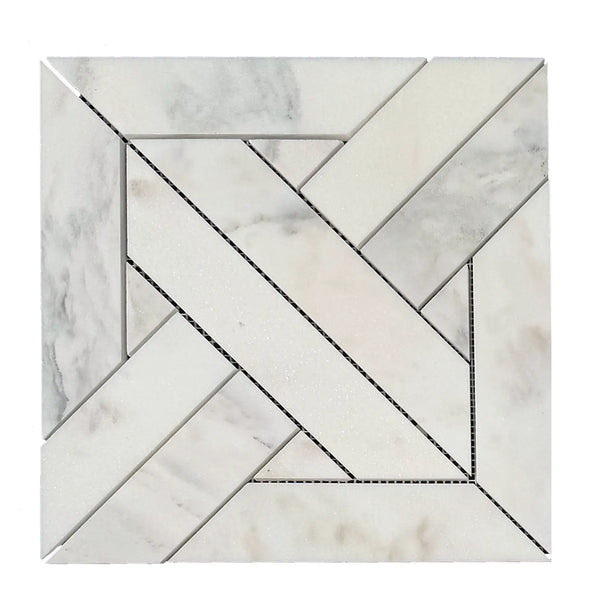 Calacatta Verde Royale marble mosaic tile with polished-honed finish featuring white geometric herringbone pattern and gray veining