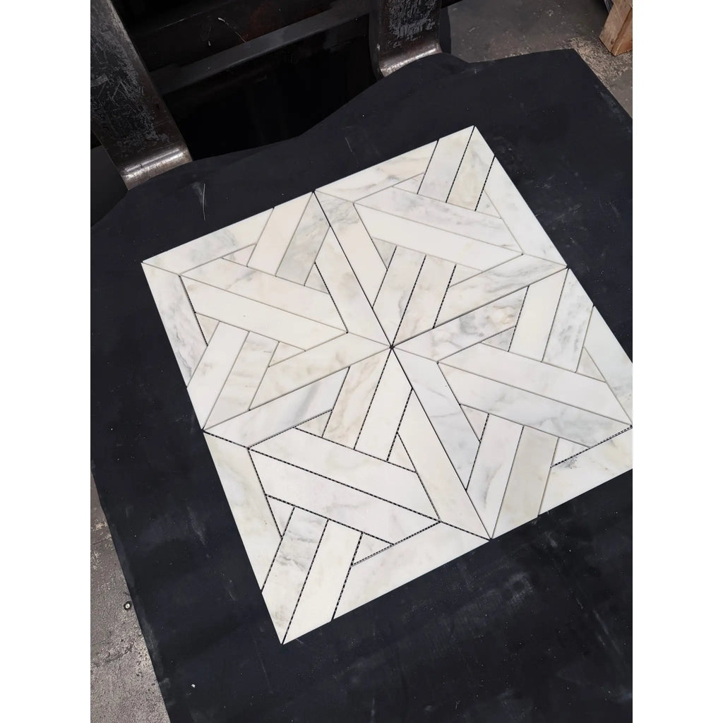 Calacatta verde royale white marble mosaic tile with polished-honed finish and geometric herringbone pattern