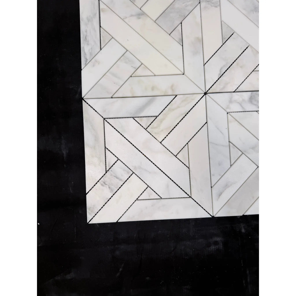 White marble mosaic tile with geometric pattern in calacatta verde royale polished-honed finish