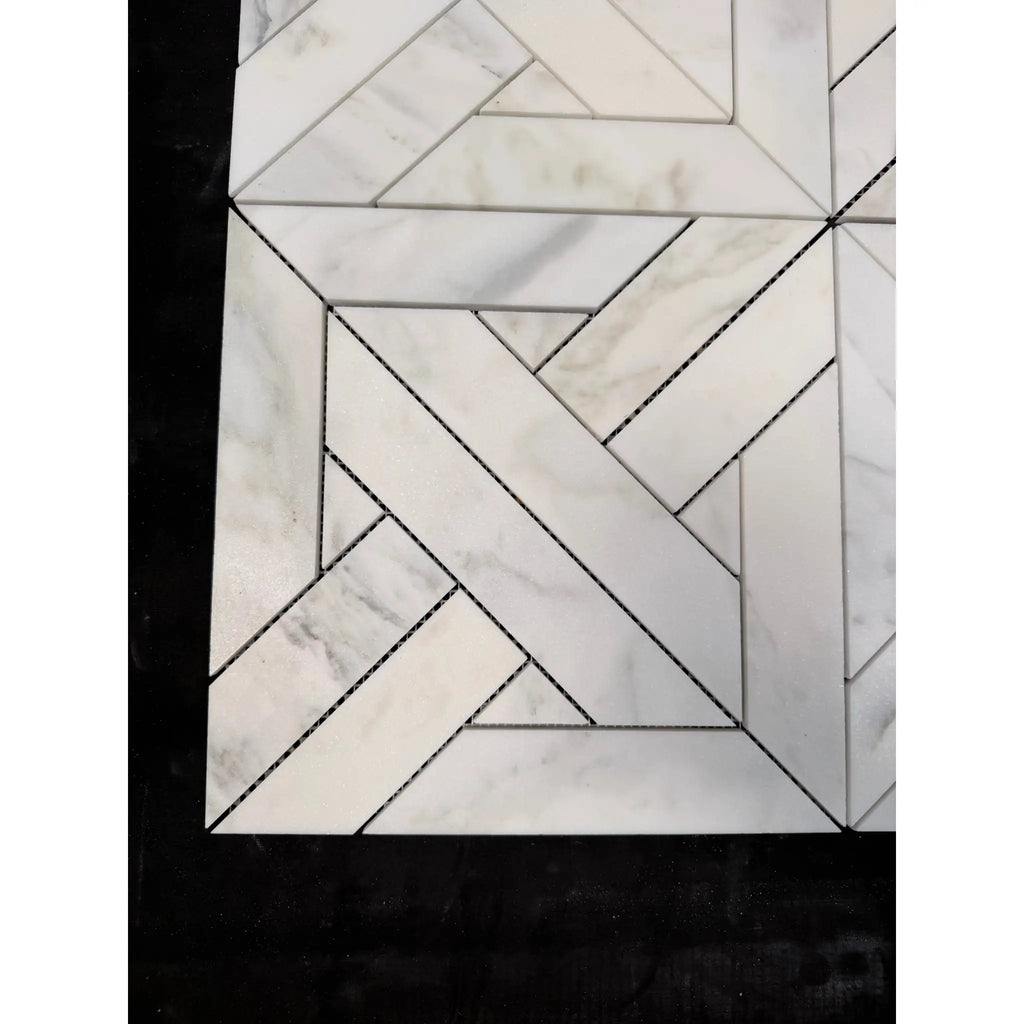 Calacatta verde royale marble heritage pattern mosaic polished-honed with white marble geometric herringbone and gray veining