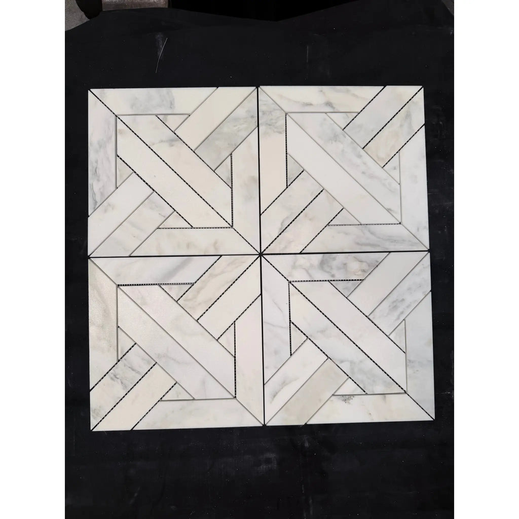 White marble Calacatta Verde Royale mosaic tile with polished-honed geometric interlocking heritage pattern