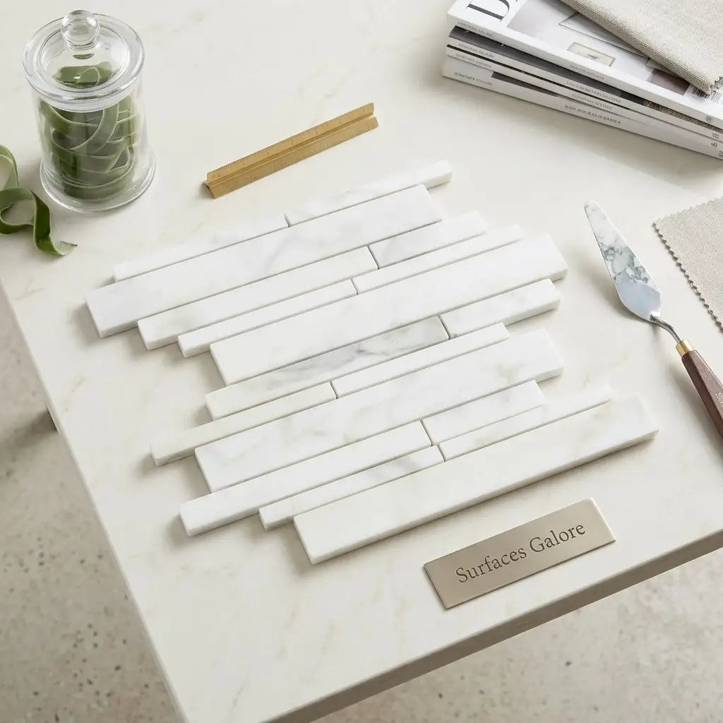White marble subway tile mosaic with subtle gray veining in a staggered pattern calacatta verde royale marble