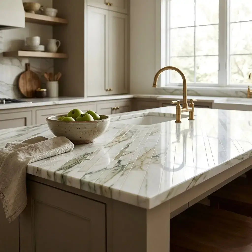 A sleek white marble kitchen island countertop with elegant green veining in calacatta verde royale mosaic tile