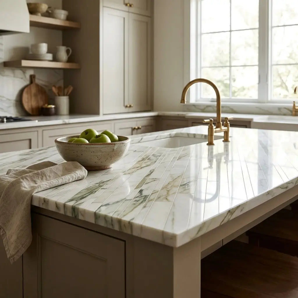 A sleek white marble kitchen island countertop with green veining and gold faucet in Calacatta Verde Royale mosaic tile