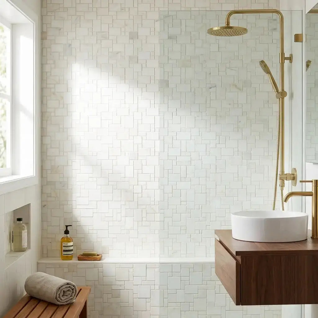 White marble subway tile wall with subtle veining in calacatta verde royale marble mini versailles pattern mosaic tile polished or honed