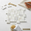 Calacatta verde royale marble mini versailles pattern mosaic tile in white marble with subtle veining and polished finish