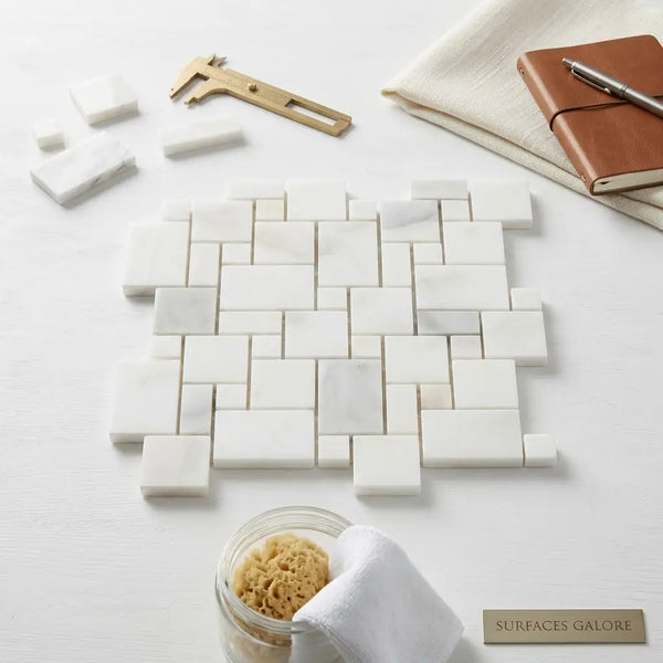 Calacatta verde royale marble mini versailles pattern mosaic tile in white marble with subtle veining and polished finish