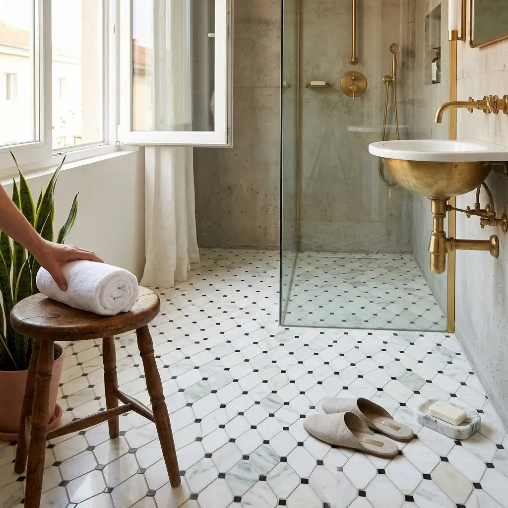 White towel rolled neatly on wooden stool beside polished calacatta verde royale marble octave with black mosaic tile