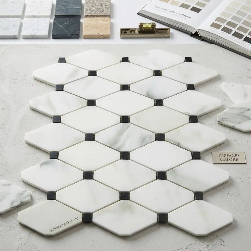 White marble hexagonal mosaic tile with black grout calacatta verde royale marble octave polished or honed finish
