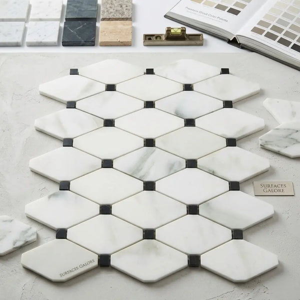 White marble hexagonal mosaic tile with black grout calacatta verde royale marble octave polished or honed finish