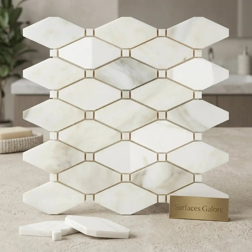 Calacatta verde royale marble octave white hexagonal mosaic tile with gold toned grout lines polished or honed