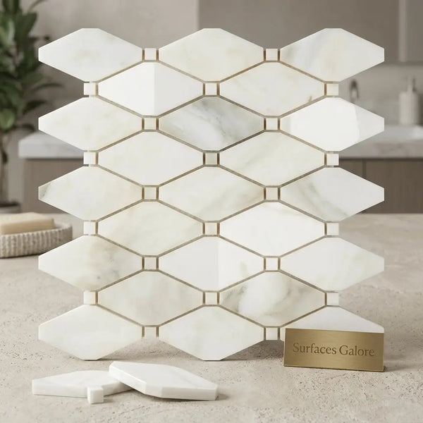 Calacatta verde royale marble octave white hexagonal mosaic tile with gold toned grout lines polished or honed