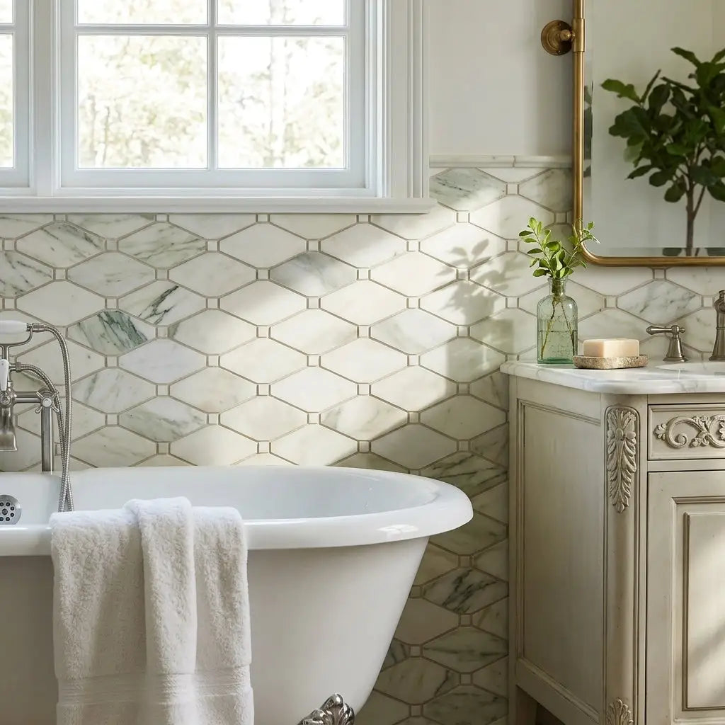 Calacatta verde royale marble octave long octagon wall tiles with white marble pattern and subtle green veining