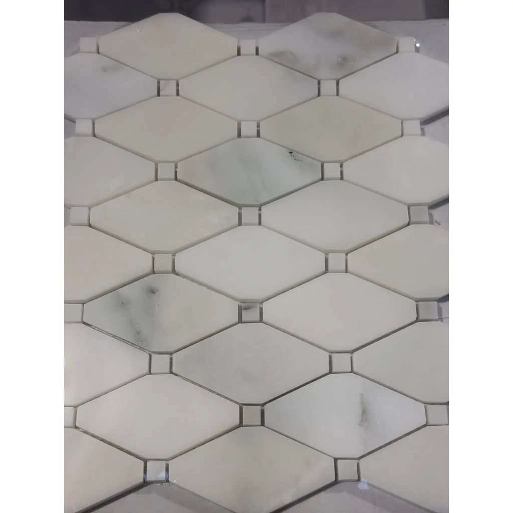 Calacatta Verde Royale polished octagonal marble mosaic tile with black grout