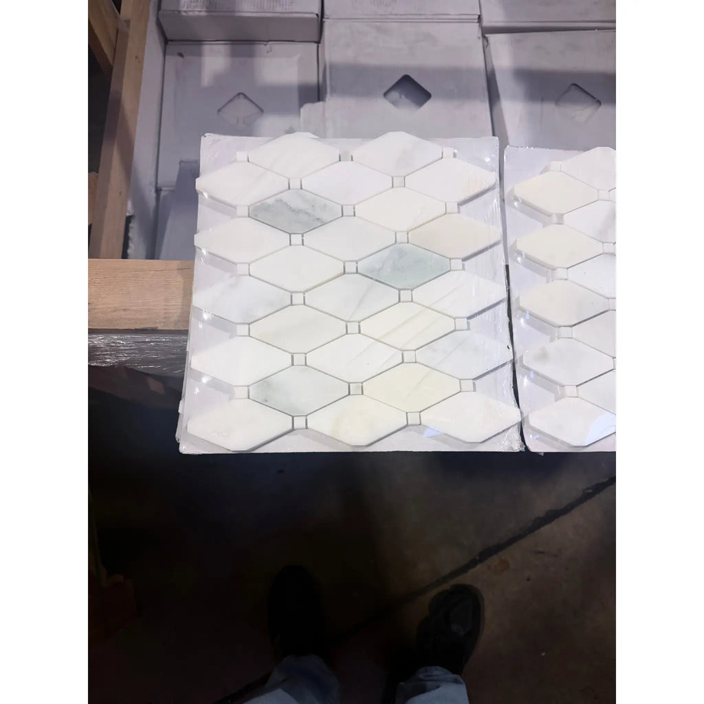 Calacatta Verde Royale Marble Octave hexagonal mosaic tile floor mat, polished white and gray glossy finish