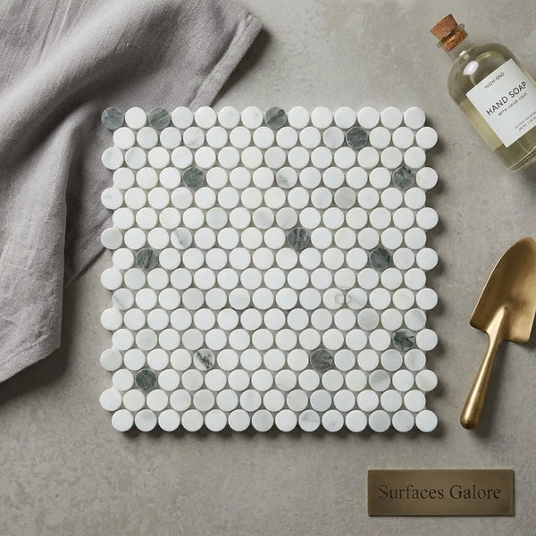 White and gray circular calacatta verde royale marble penny round mosaic tile polished or honed for walls and floors