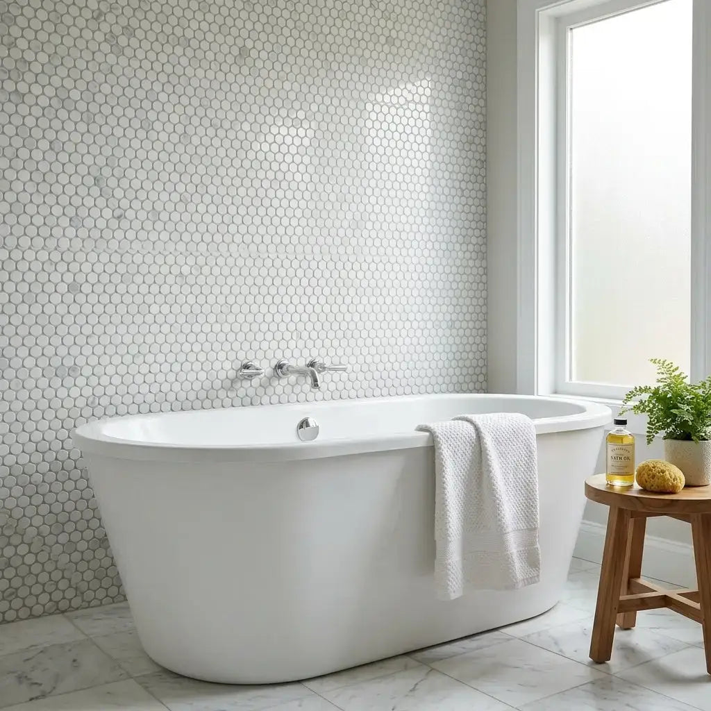 White freestanding bathtub with sleek oval shape and chrome fixtures shown with calacatta verde royale marble penny round mosaic tile