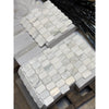 Calacatta Verde Royale white marble picket mosaic tile in staggered pattern