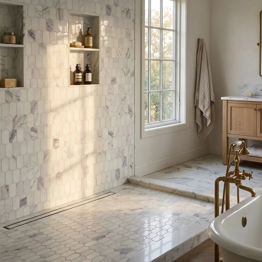 Calacatta verde royale marble picket mosaic tile polished or honed with white hexagonal marble and subtle gray veining on walls and floor