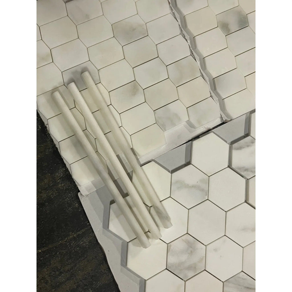 Calacatta Verde Royale polished white marble hexagonal mosaic tile with gray veining