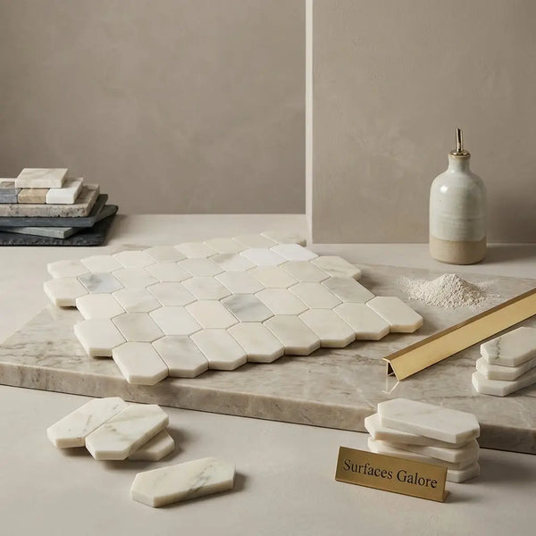 White hexagonal calacatta verde royale marble picket mosaic tile with subtle gray veining polished or honed finish