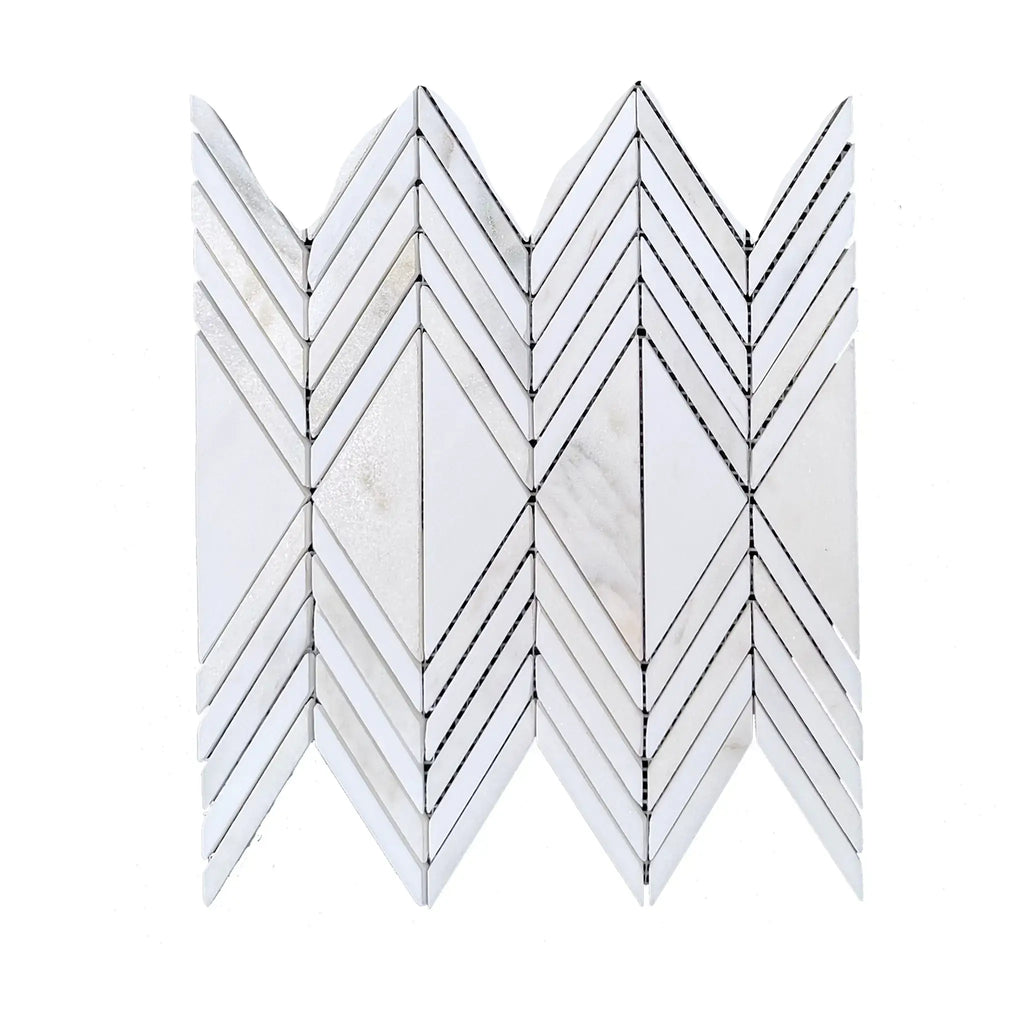 Calacatta Verde Royale marble Venezia mosaic with white marble and mirrored tile chevron pattern polished-honed finish
