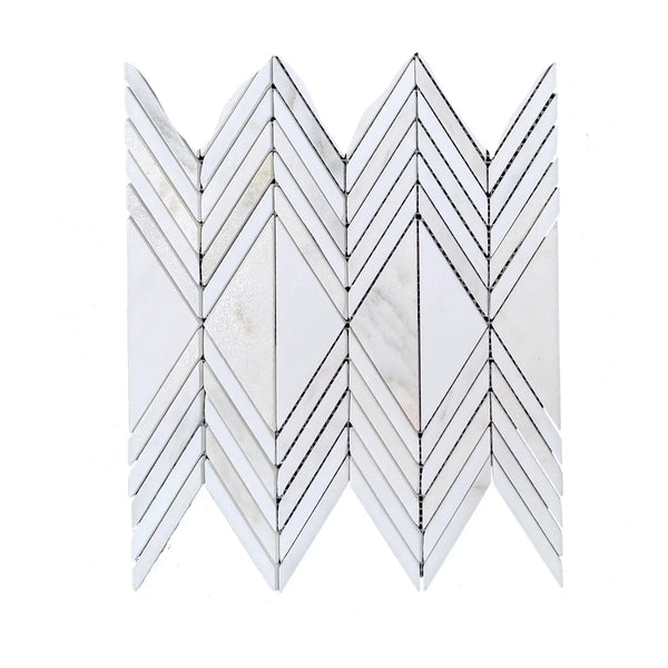 Calacatta Verde Royale marble Venezia mosaic with white marble and mirrored tile chevron pattern polished-honed finish