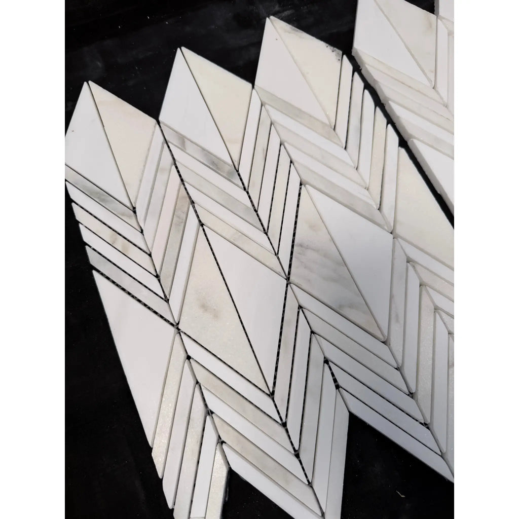 Calacatta verde royale marble venezia mosaic polished-honed white marble tiles with subtle gray veining in chevron pattern