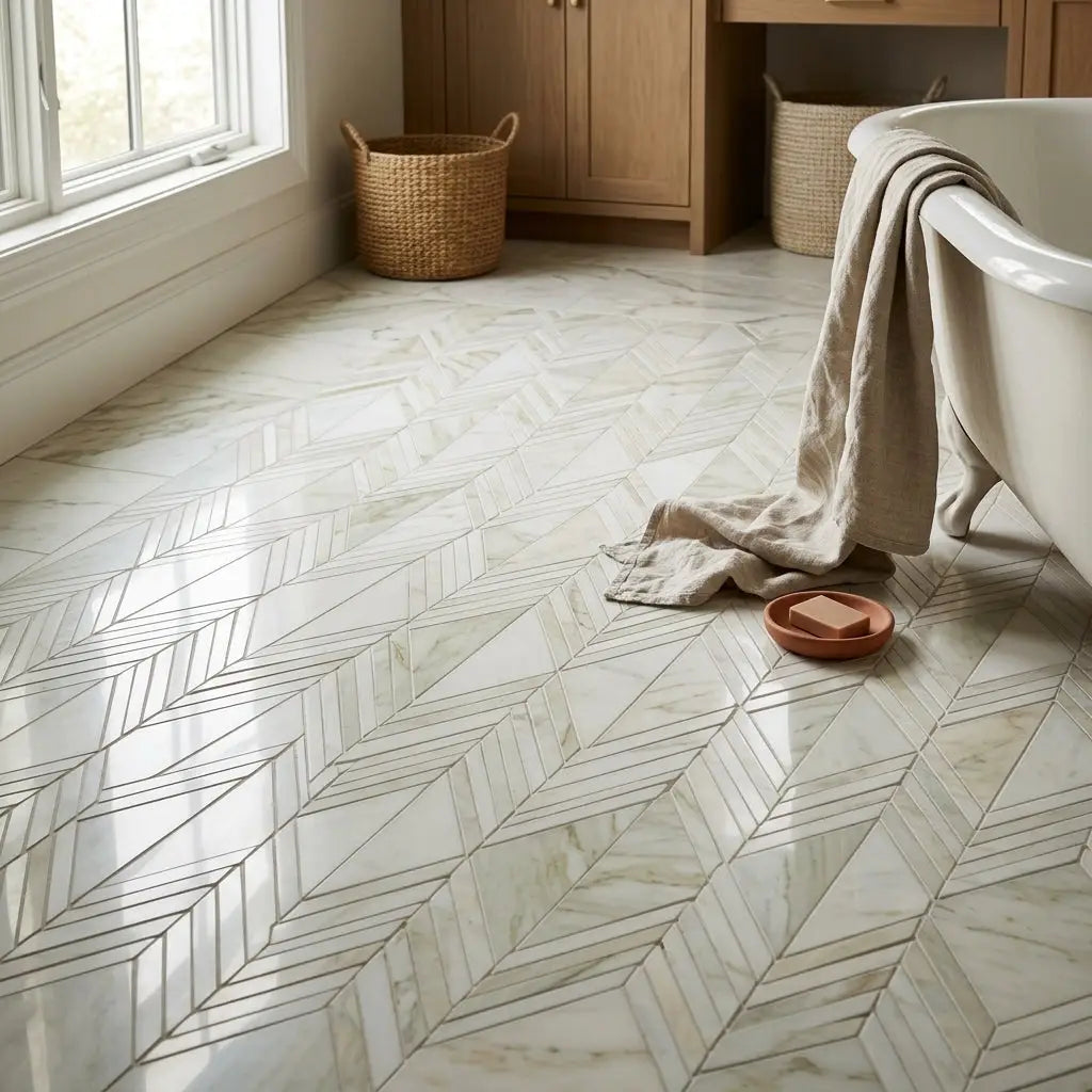 Calacatta Verde Royale marble Venezia mosaic polished-honed white marble tiles with subtle veining in herringbone layout