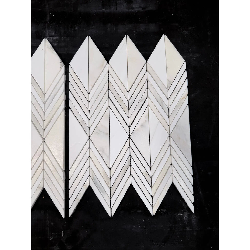 White marble mosaic tile with calacatta verde royale marble in polished honed chevron pattern for interior use