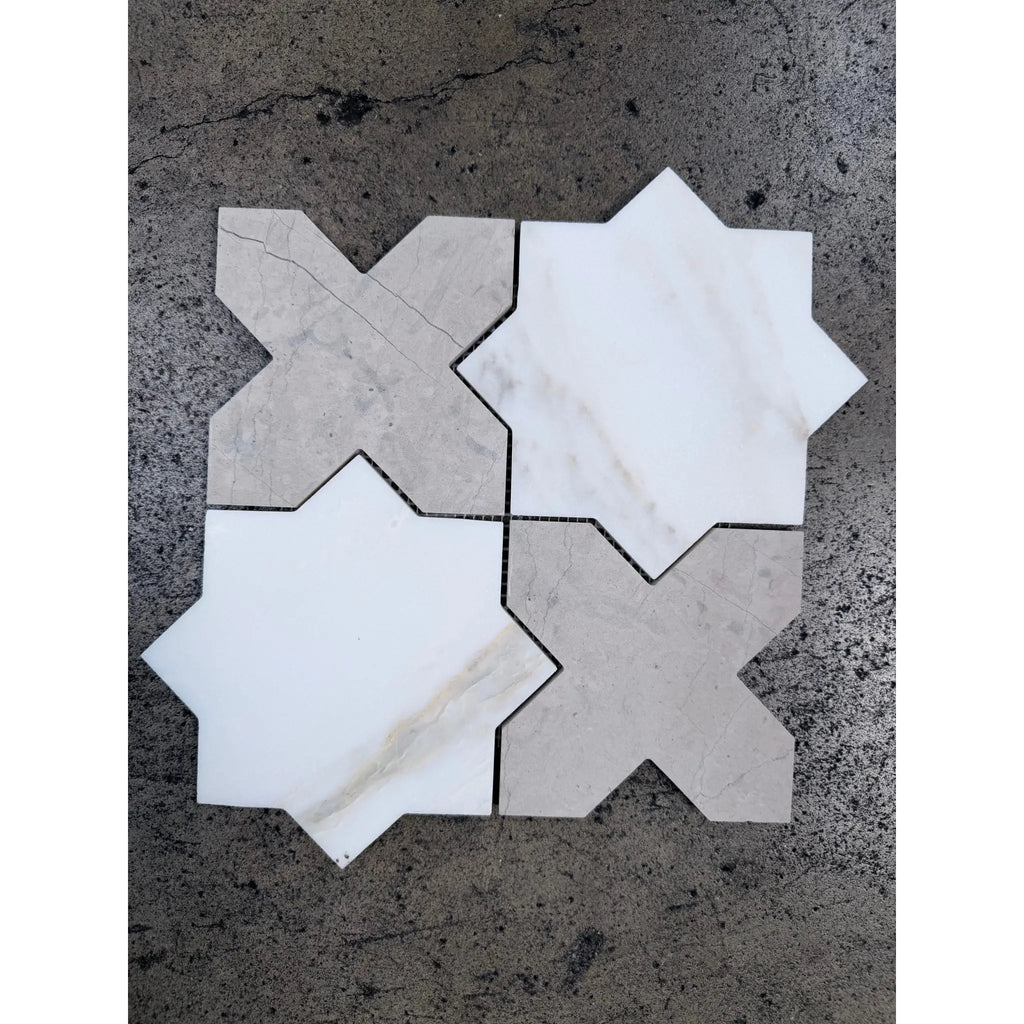 Calacatta verde royale 12x12 honed marble mosaic tile featuring white and gray geometric star and cross pattern