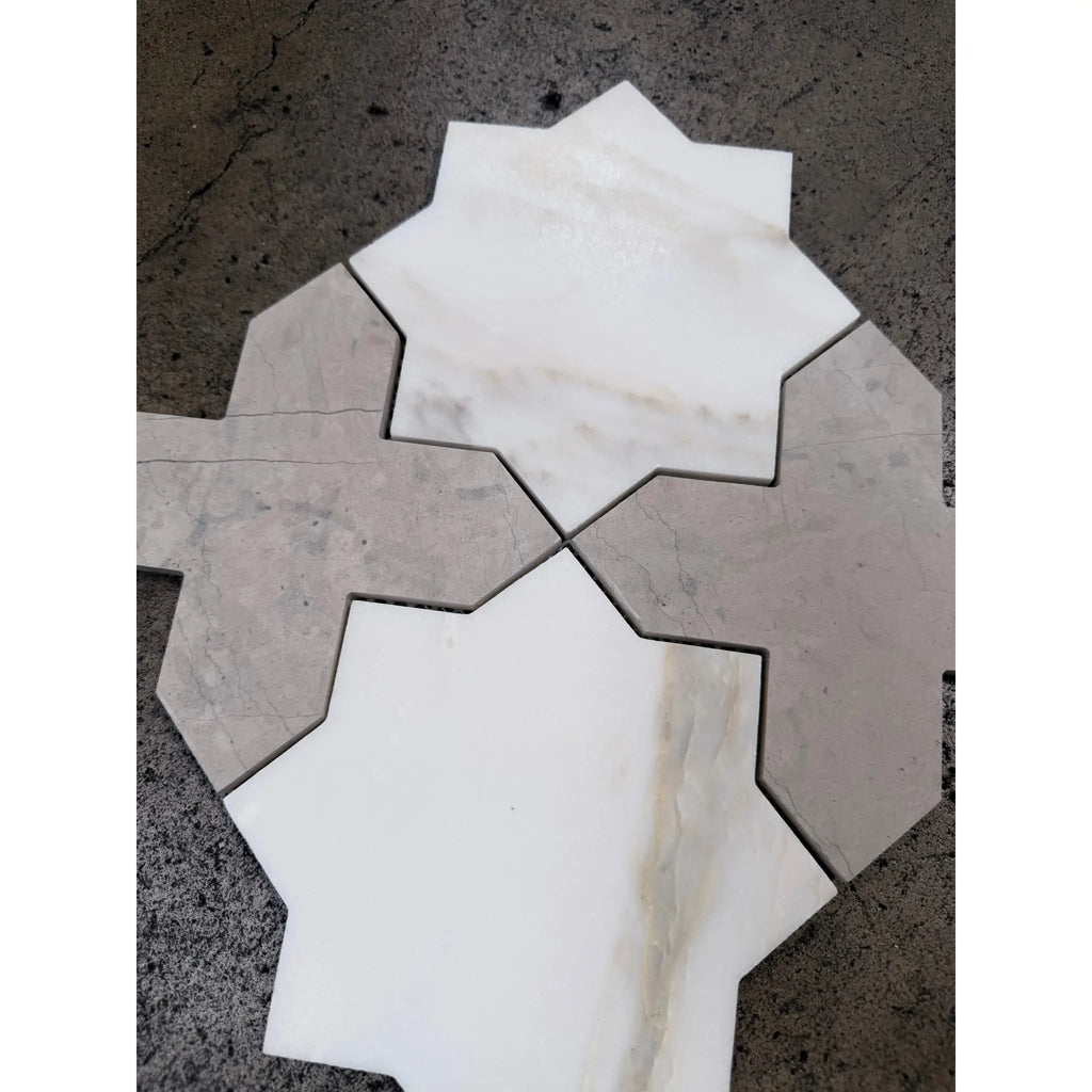 Calacatta verde royale marrakech marble mosaic tile 12x12 honed with white and gray star-shaped pattern