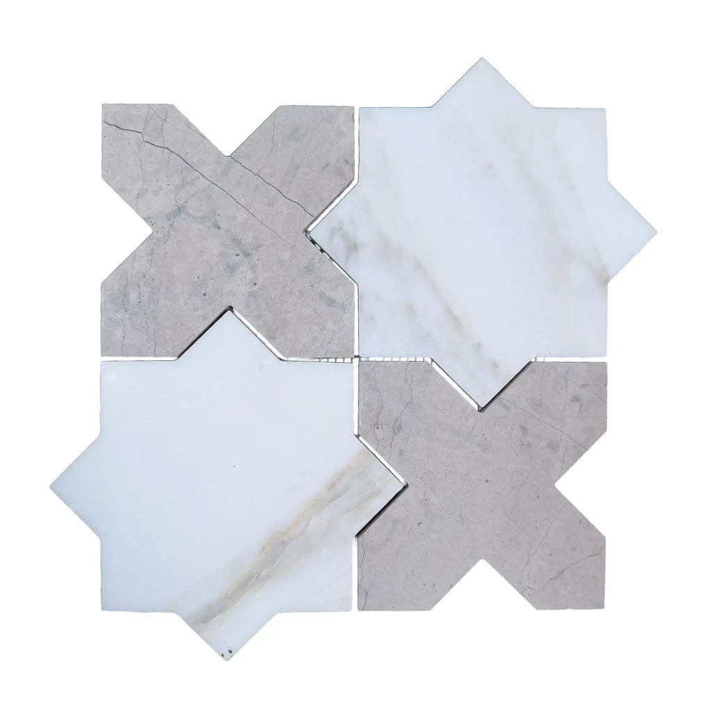 Calacatta verde royale marrakech marble mosaic tile 12x12 honed with white and gray star and cross patterns